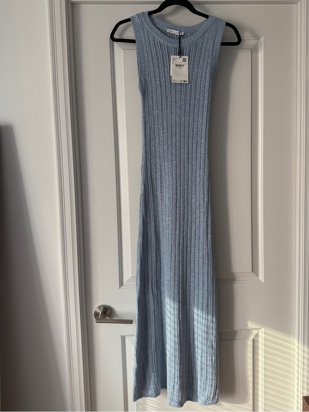 Mango Openwork Pale Blue Ribbed Sleeveless Midi Dress